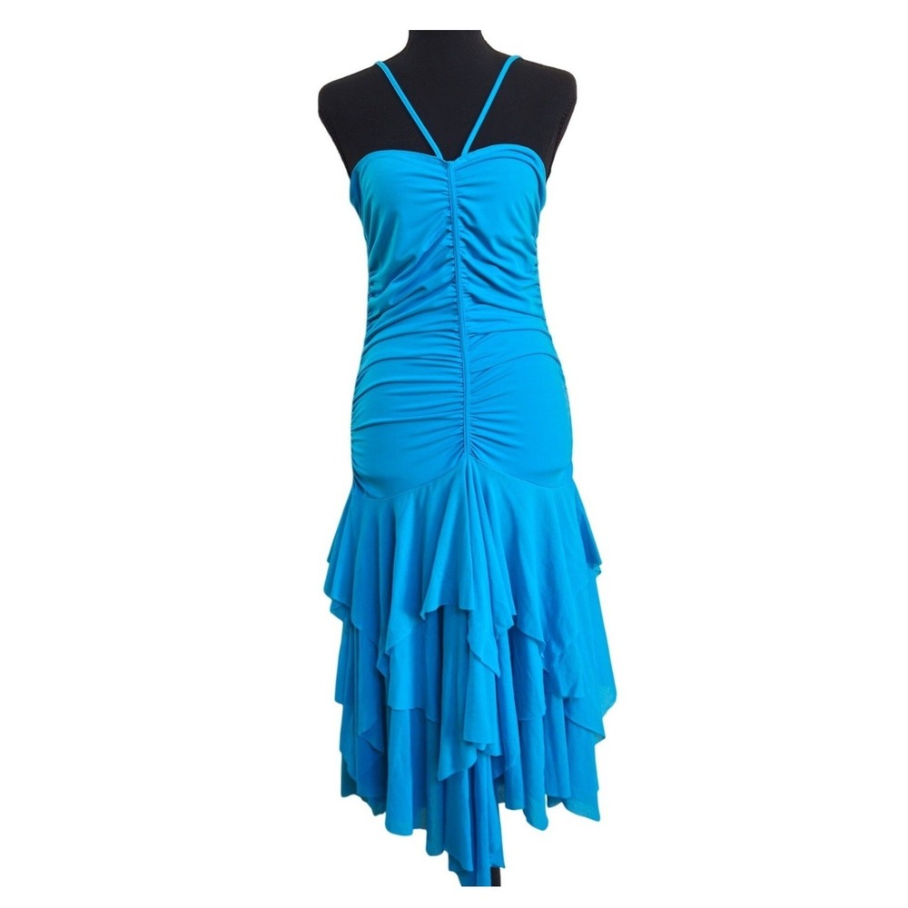 Moda International Y2K Fairy HoCo Dress L Blue Ruched Tiered Ruffle Stretch Prom